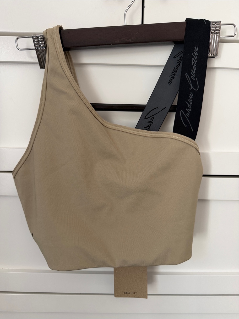 Jordan Beige One-Shoulder Crop Top with Black Branded Strap